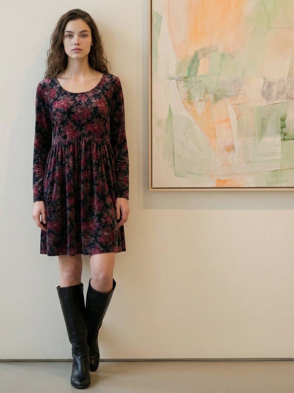 Vintage Moda INTL (Victoria's Secret) Velvet Babydoll Black Floral Tunic Dress M